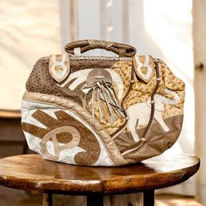 Vintage 80s Sharif Large Patchwork Leather Satchel with Elephant Design
